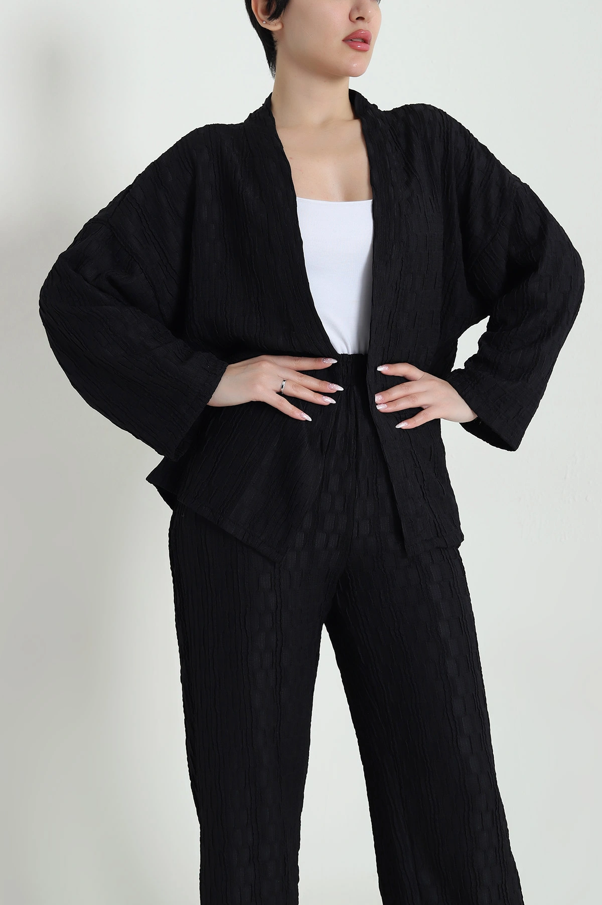 Siyah Kimono Pantolon Gofre Kadın İkili Takım 458356