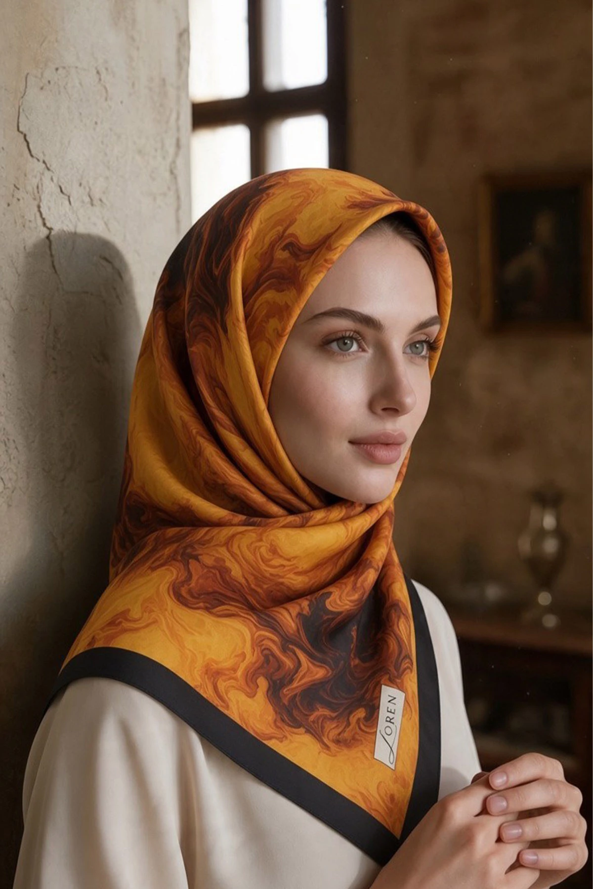 Siyah - Kiremit 90x90 Cm Dijital Baskılı Amber Flame Desen Kutulu Twill Eşarp 501142