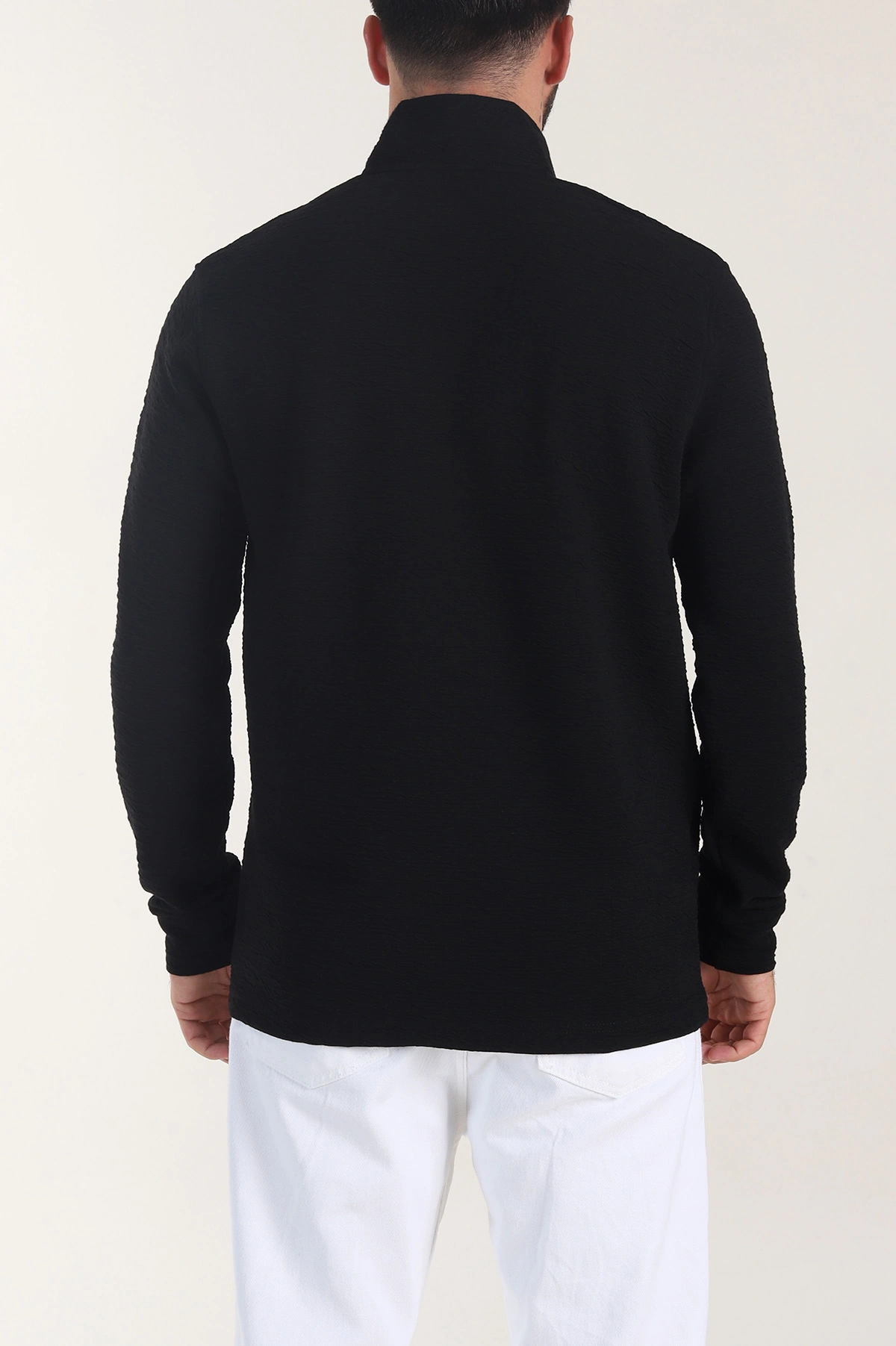 Siyah Kırınkıl Kumaş Yarım Fermuarlı Erkek Sweatshirt 406823