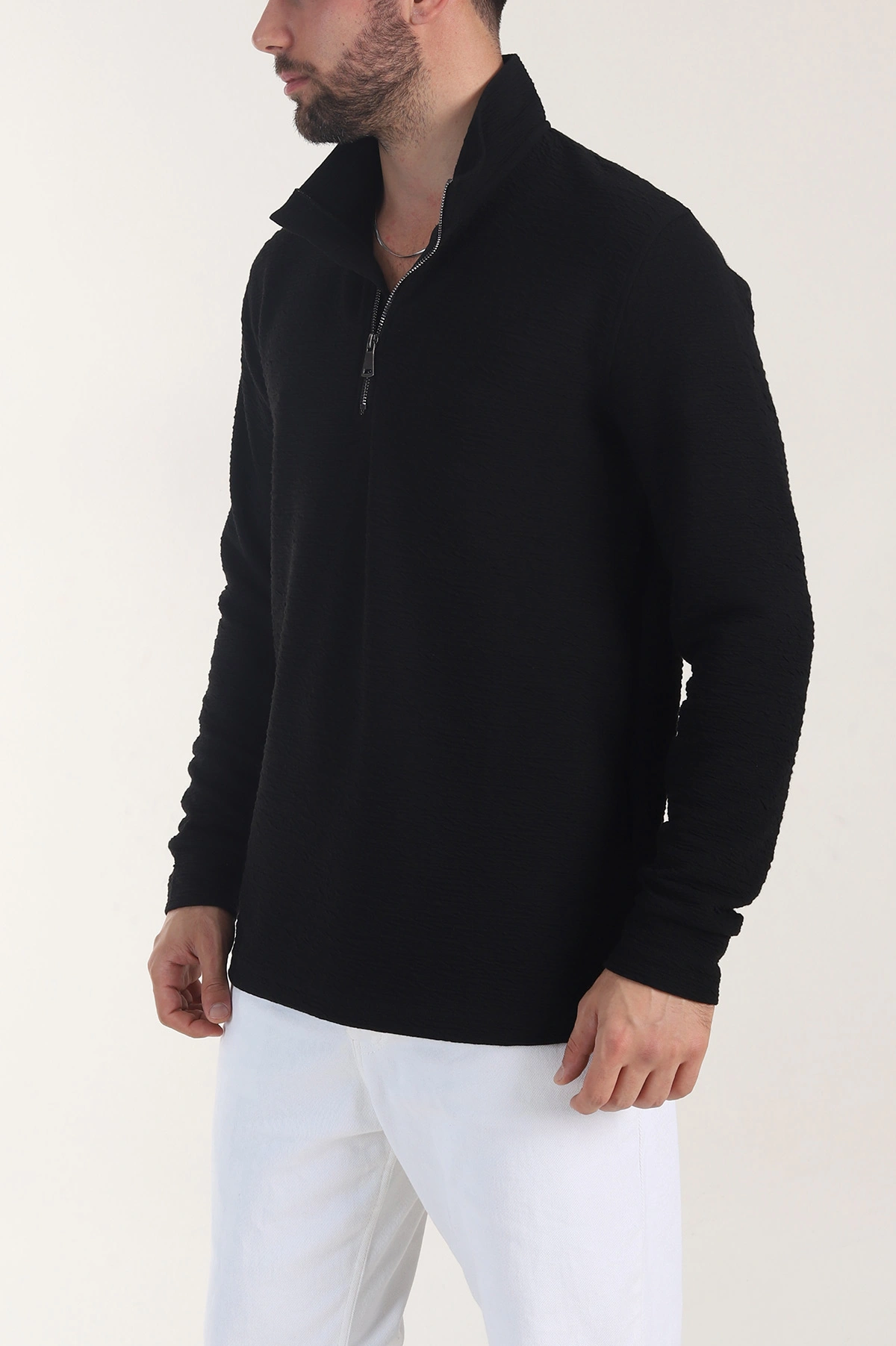 Siyah Kırınkıl Kumaş Yarım Fermuarlı Erkek Sweatshirt 406823