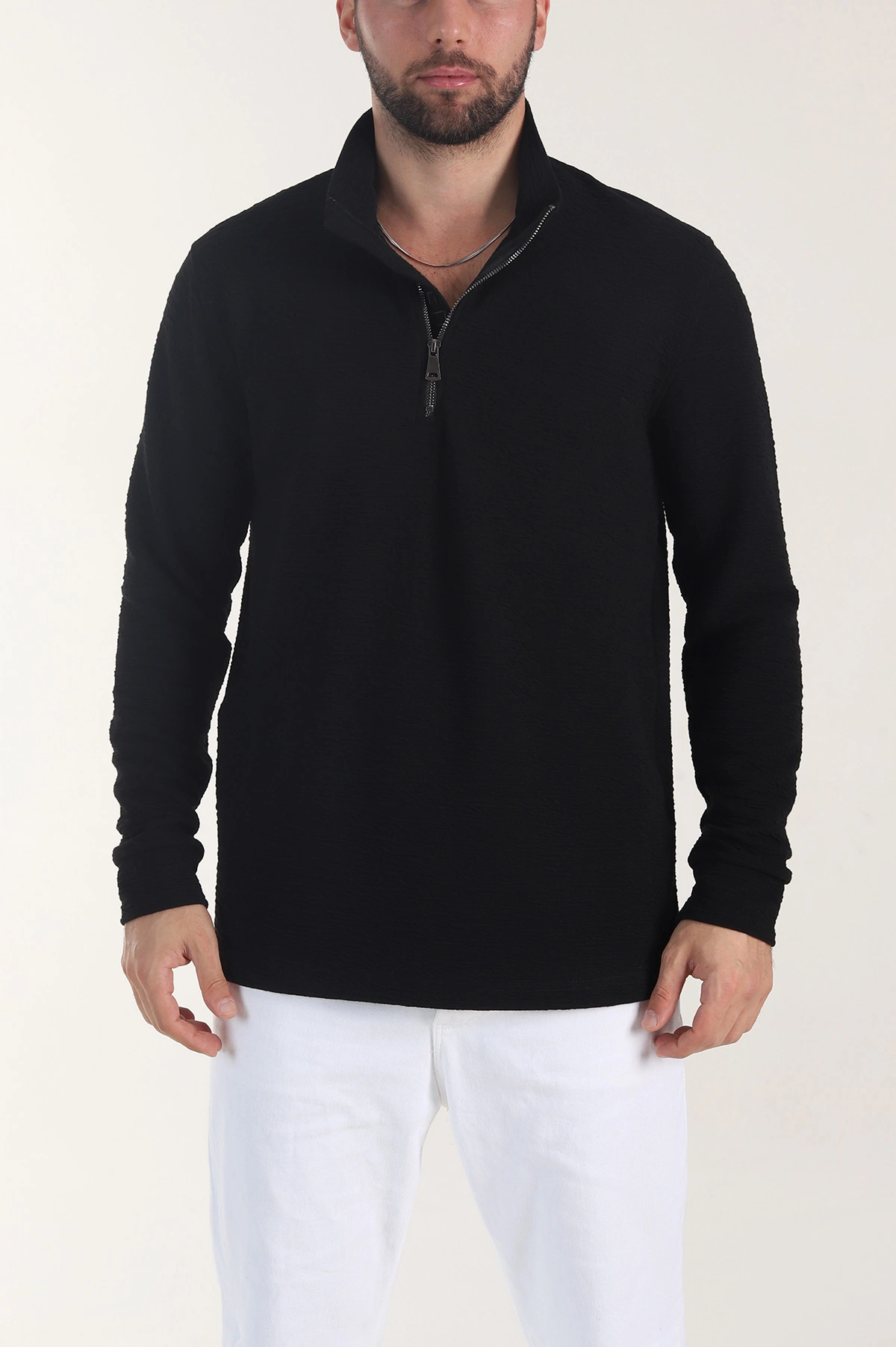 Siyah Kırınkıl Kumaş Yarım Fermuarlı Erkek Sweatshirt 406823