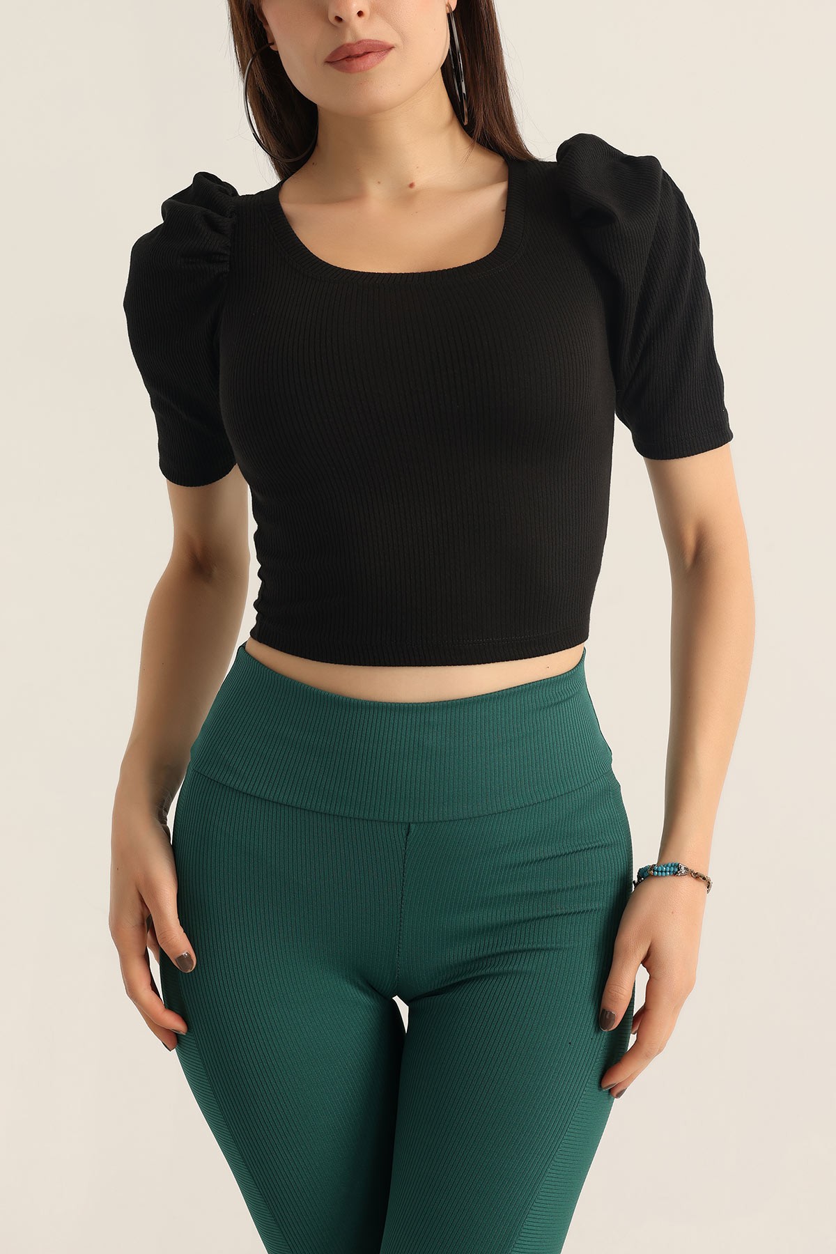 Siyah Kol Büzgülü Soft Fitilli Bluz 174256