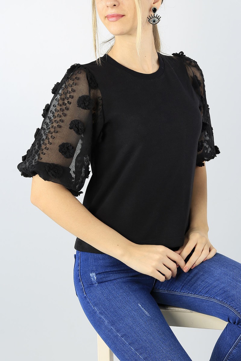 Siyah Kol Detay Likralı BLuz 53527