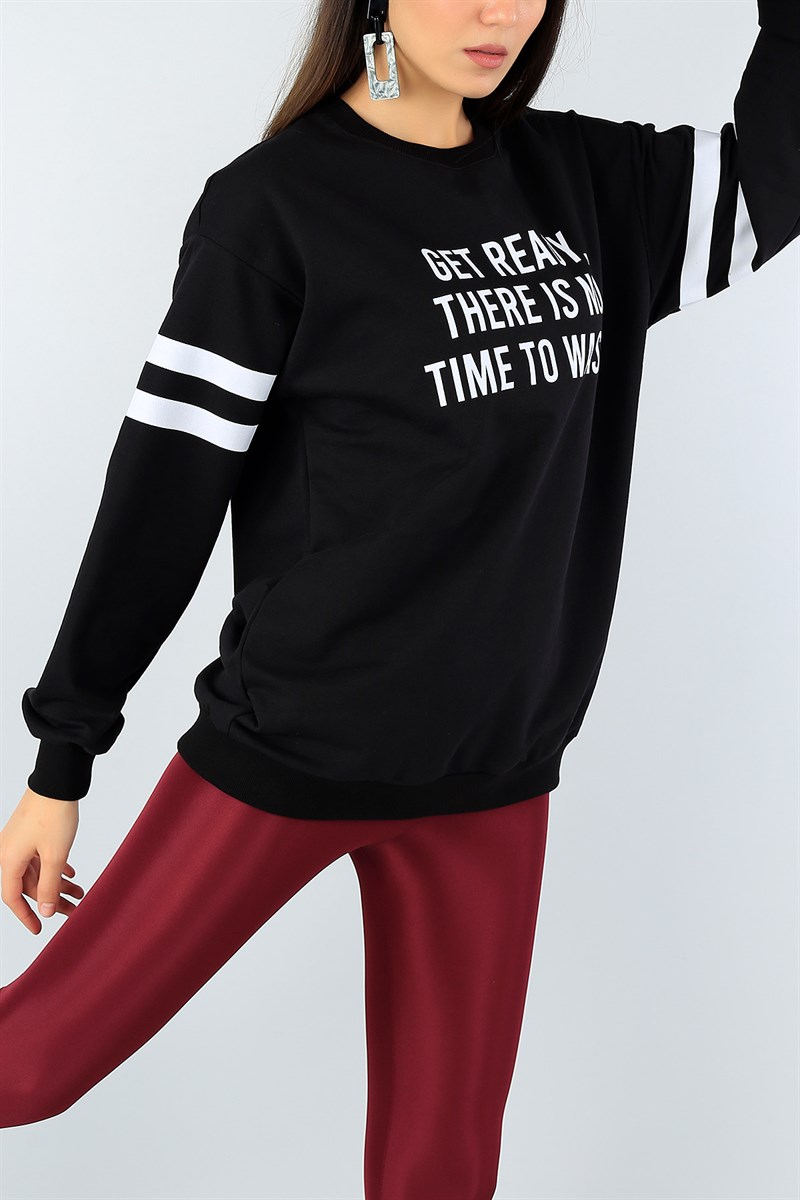 Siyah Kol Şeritli Bayan Sweat 43981