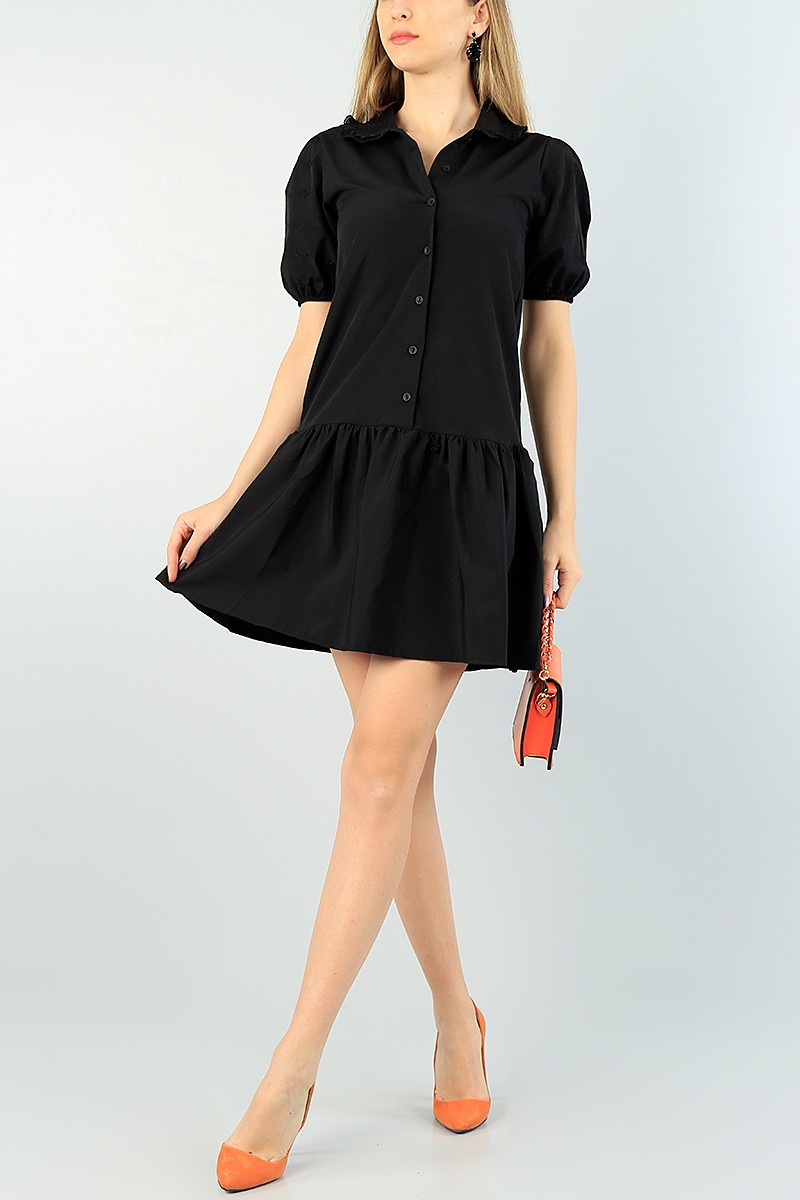Siyah Kol ve Yaka Dantelli Poplin Elbise 63407