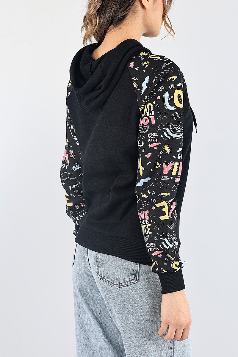 Siyah Kolları Baskılı Şardonlu Bayan Sweat 87789