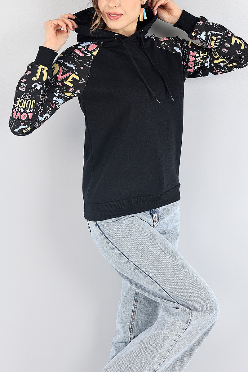 Siyah Kolları Baskılı Şardonlu Bayan Sweat 87789