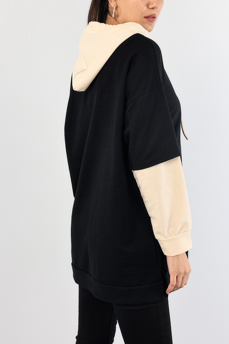 Siyah Kolları Eklemeli Kapüşonlu Sweat Tunik 88778