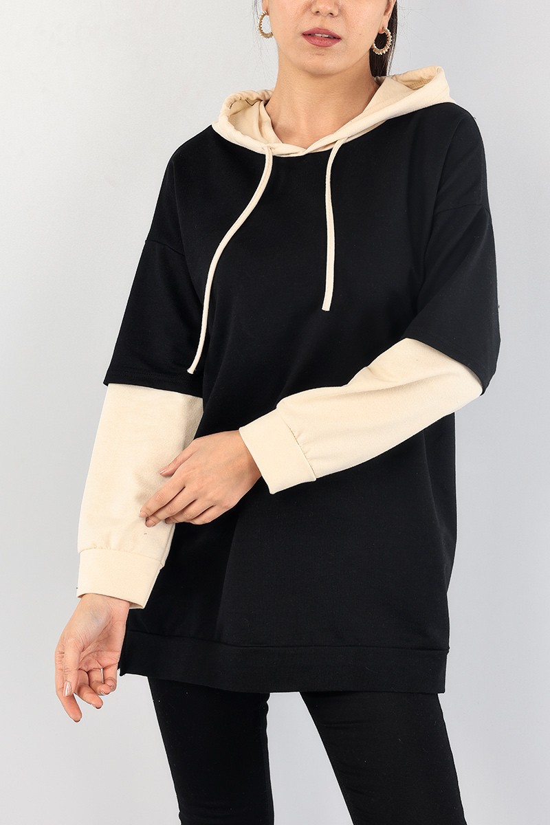 Siyah Kolları Eklemeli Kapüşonlu Sweat Tunik 88778