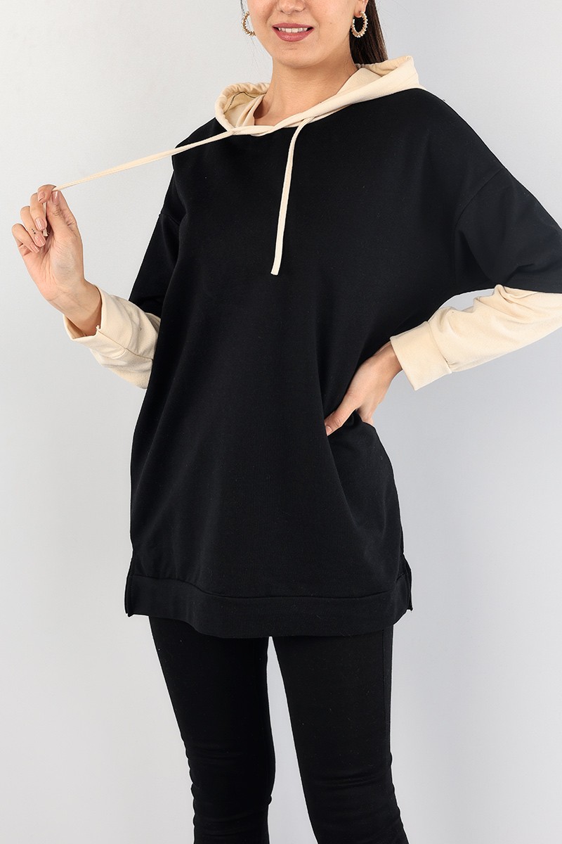 Siyah Kolları Eklemeli Kapüşonlu Sweat Tunik 88778