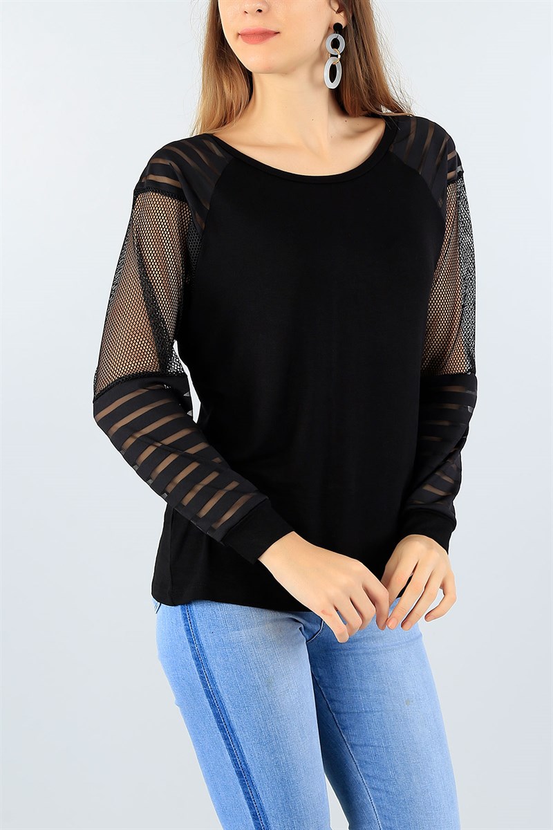 Siyah Kolları Fileli Likralı Bluz 45127