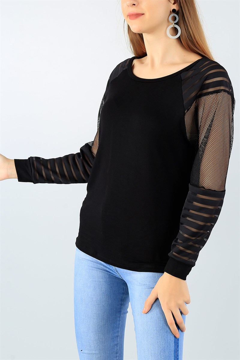 Siyah Kolları Fileli Likralı Bluz 45127