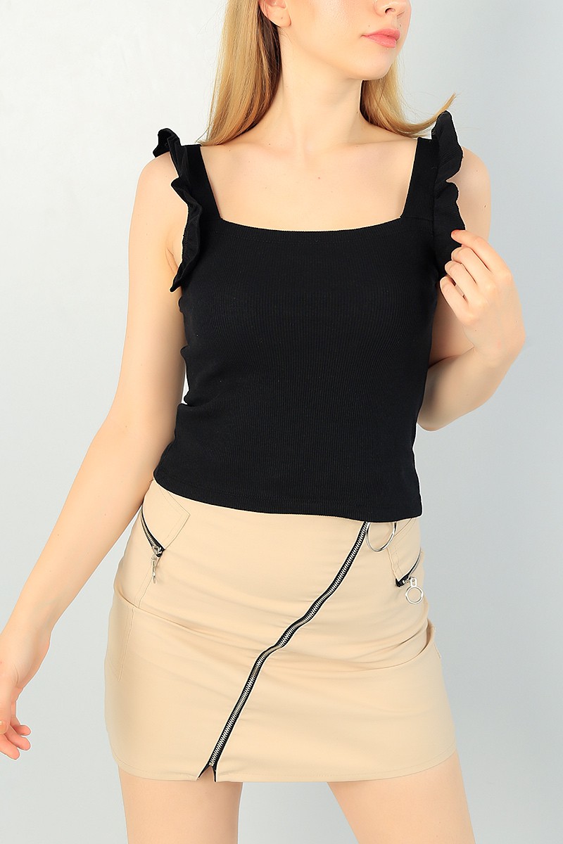 Siyah Kolları Fırfırlı Fitilli Bluz 67833