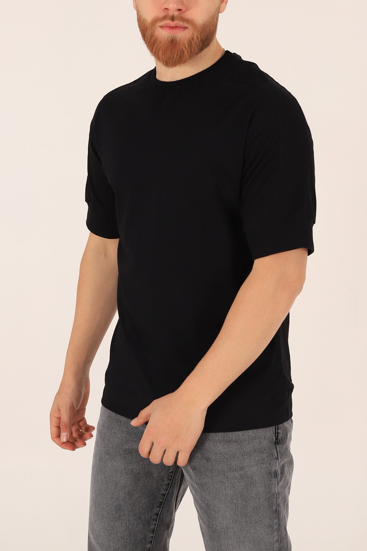 Siyah Kolları Lastikli Oversize Erkek Tişört 172419