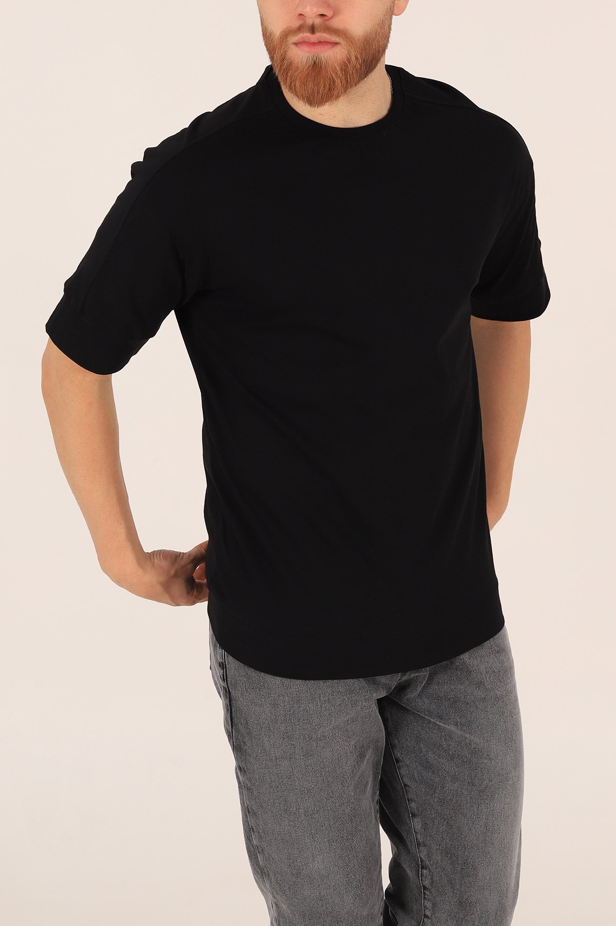 Siyah Kolları Lastikli Oversize Erkek Tişört 172419