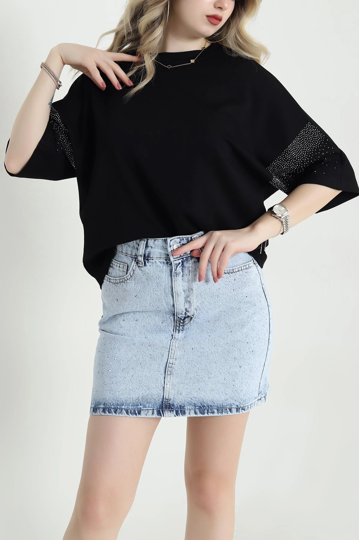 Siyah Kolları Taşlı Oysho Kadın Bluz 457016