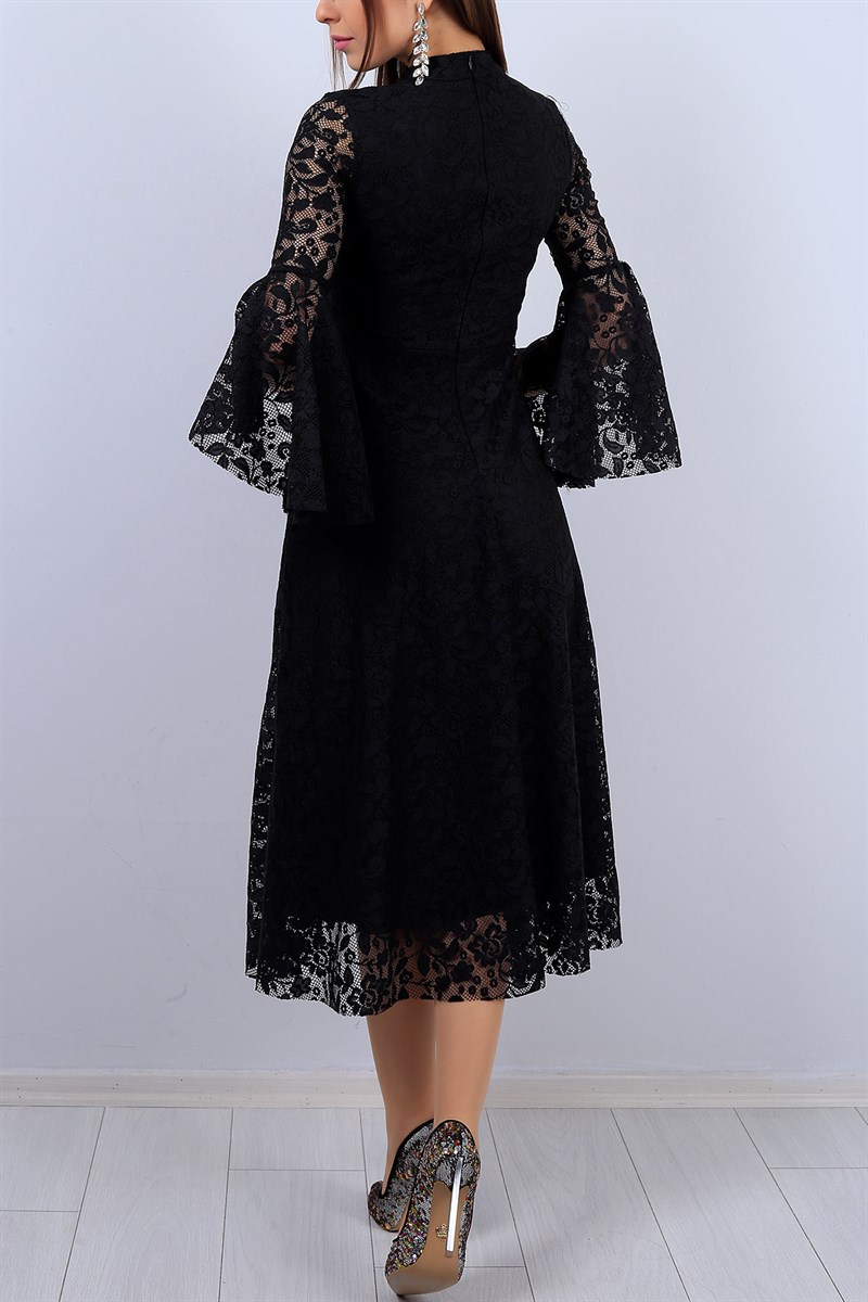Siyah Kolları Volan Bayan Dantel Elbise 11923B