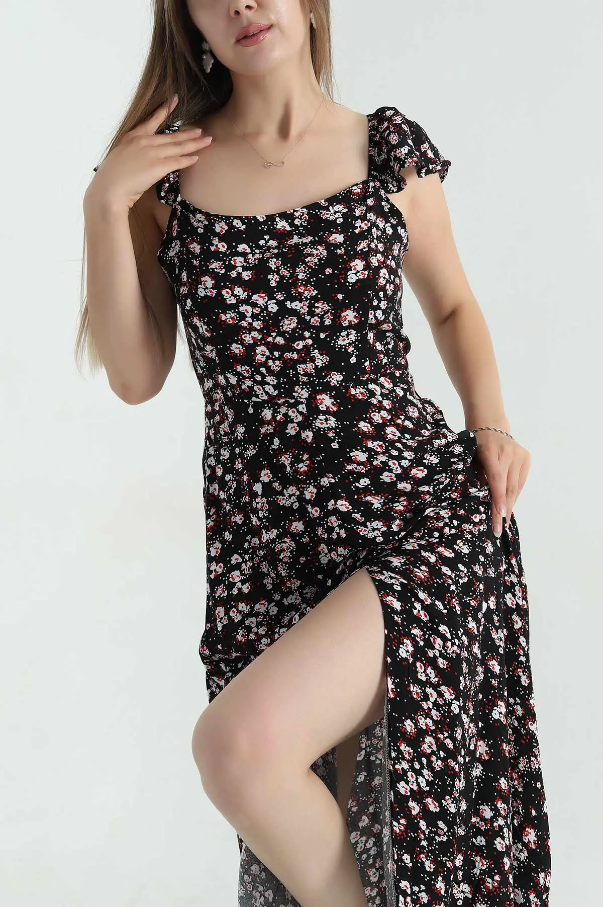 Siyah Kolsuz Dokuma Viskon Kadın Elbise 374186