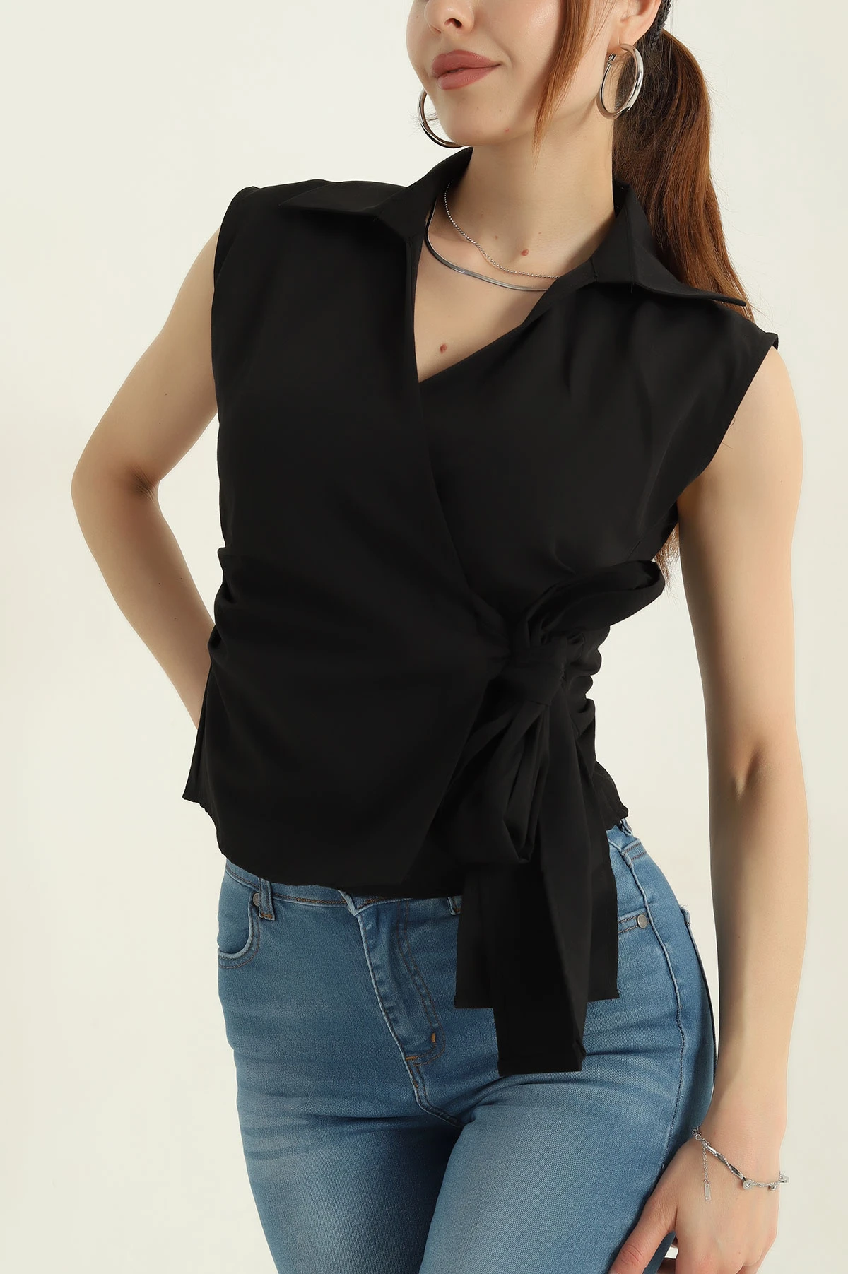 Siyah Kolsuz Poplin Kadın Gömlek 366848