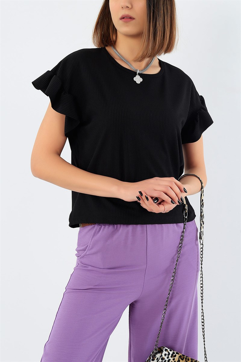 Siyah Kolu Fırfırlı Kaşkorse Bluz 30094B