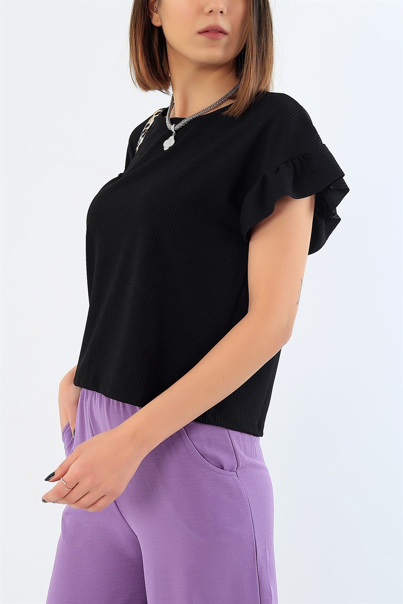 Siyah Kolu Fırfırlı Kaşkorse Bluz 30094B