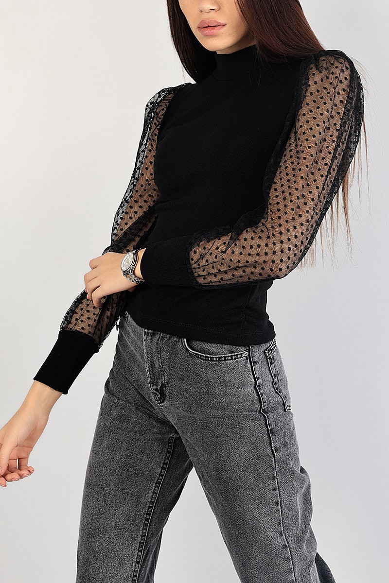 Siyah Kolu Tül Detay Selanik Triko Bluz 83672