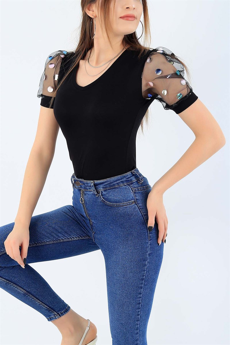 Siyah Kolu Tüllü Bluz 27313B