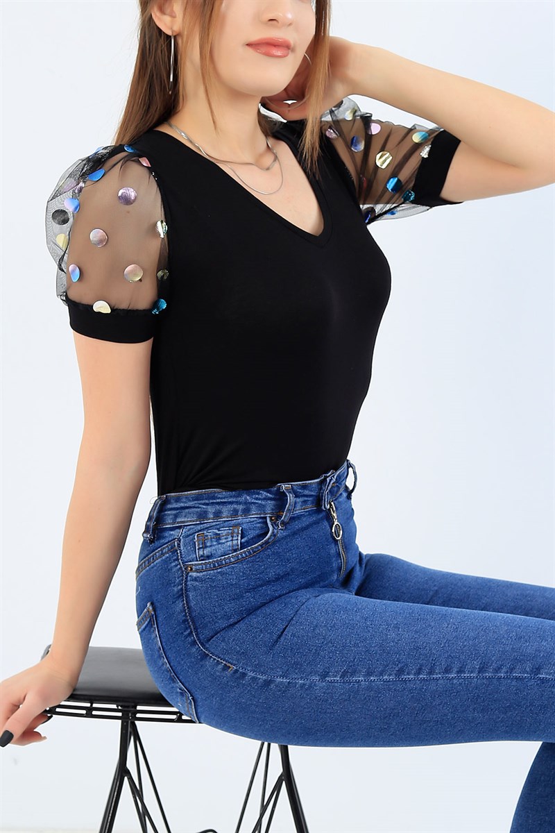 Siyah Kolu Tüllü Bluz 27313B