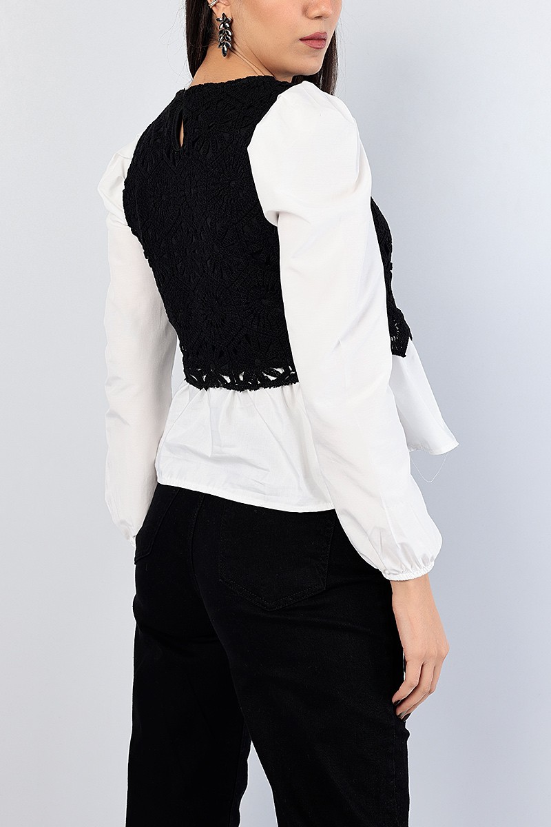 Siyah Komple Dantelli Poplin Eklemeli Bluz 82244