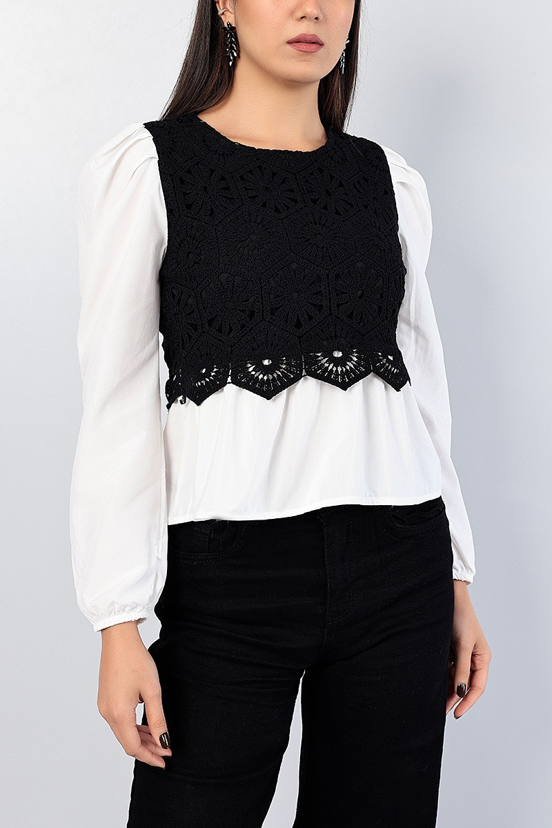 Siyah Komple Dantelli Poplin Eklemeli Bluz 82244