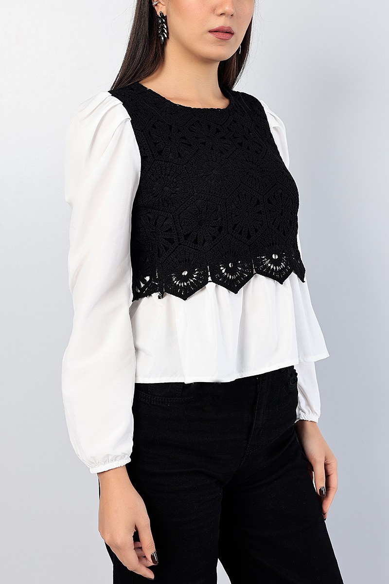 Siyah Komple Dantelli Poplin Eklemeli Bluz 82244