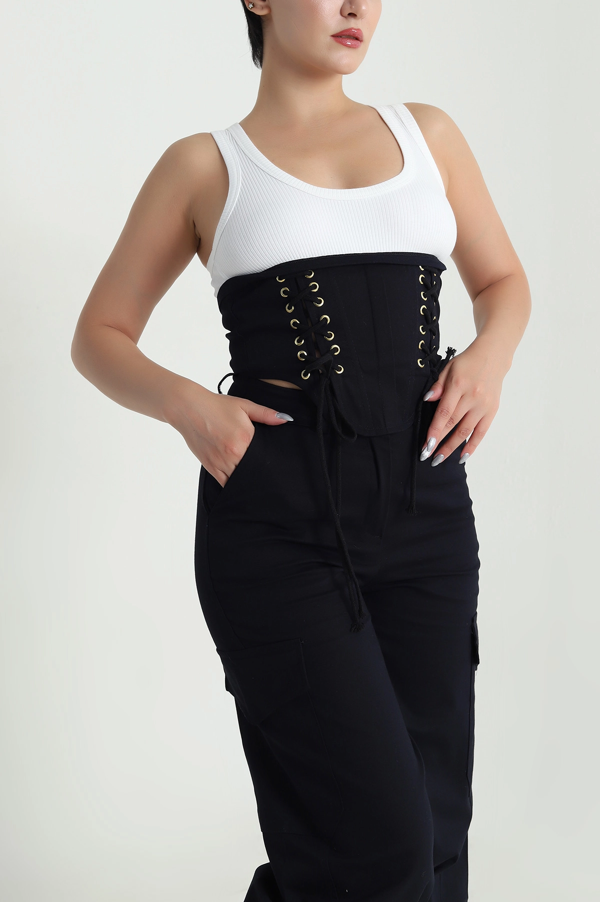 Siyah Korsaj Bluz Kargo Pantolon Likra Gabardin Kadın İkili Takım 480620