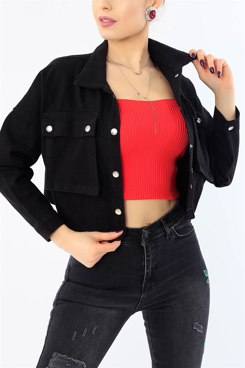 Siyah Körüklü Cep Crop Kot Ceket 28860B