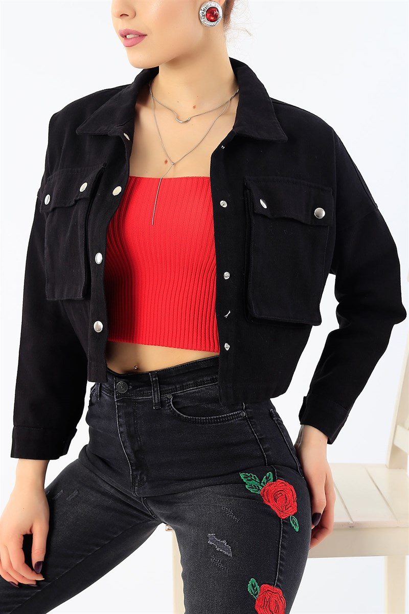 Siyah Körüklü Cep Crop Kot Ceket 28860B