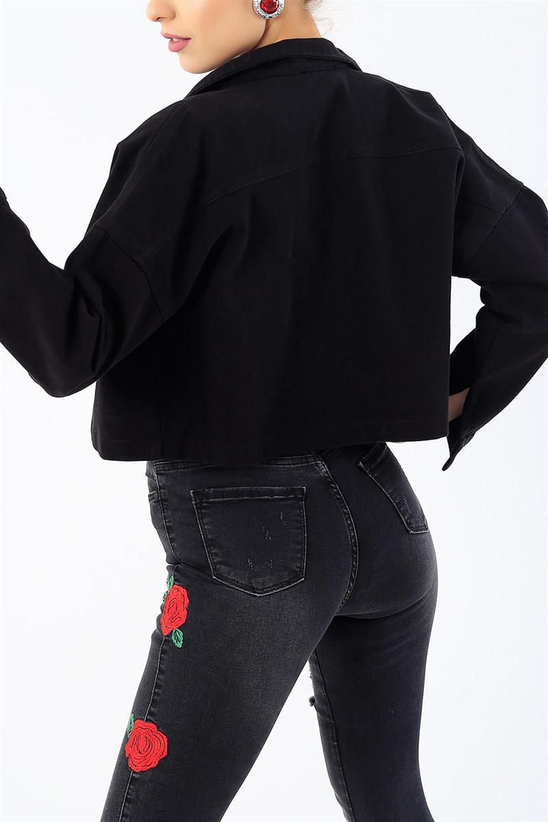 Siyah Körüklü Cep Crop Kot Ceket 28860B