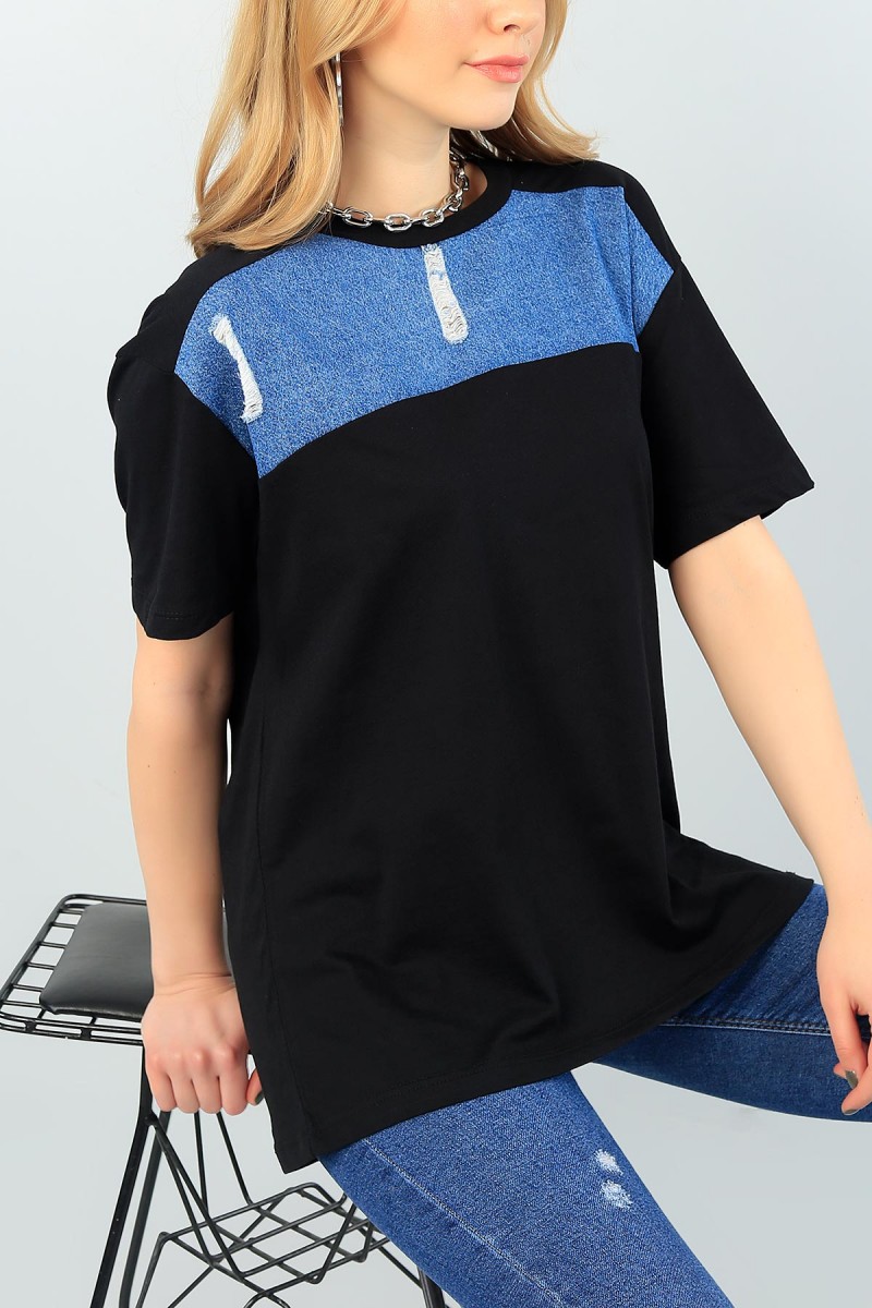 Siyah Kot Tasarımlı Bayan Tişört 62098