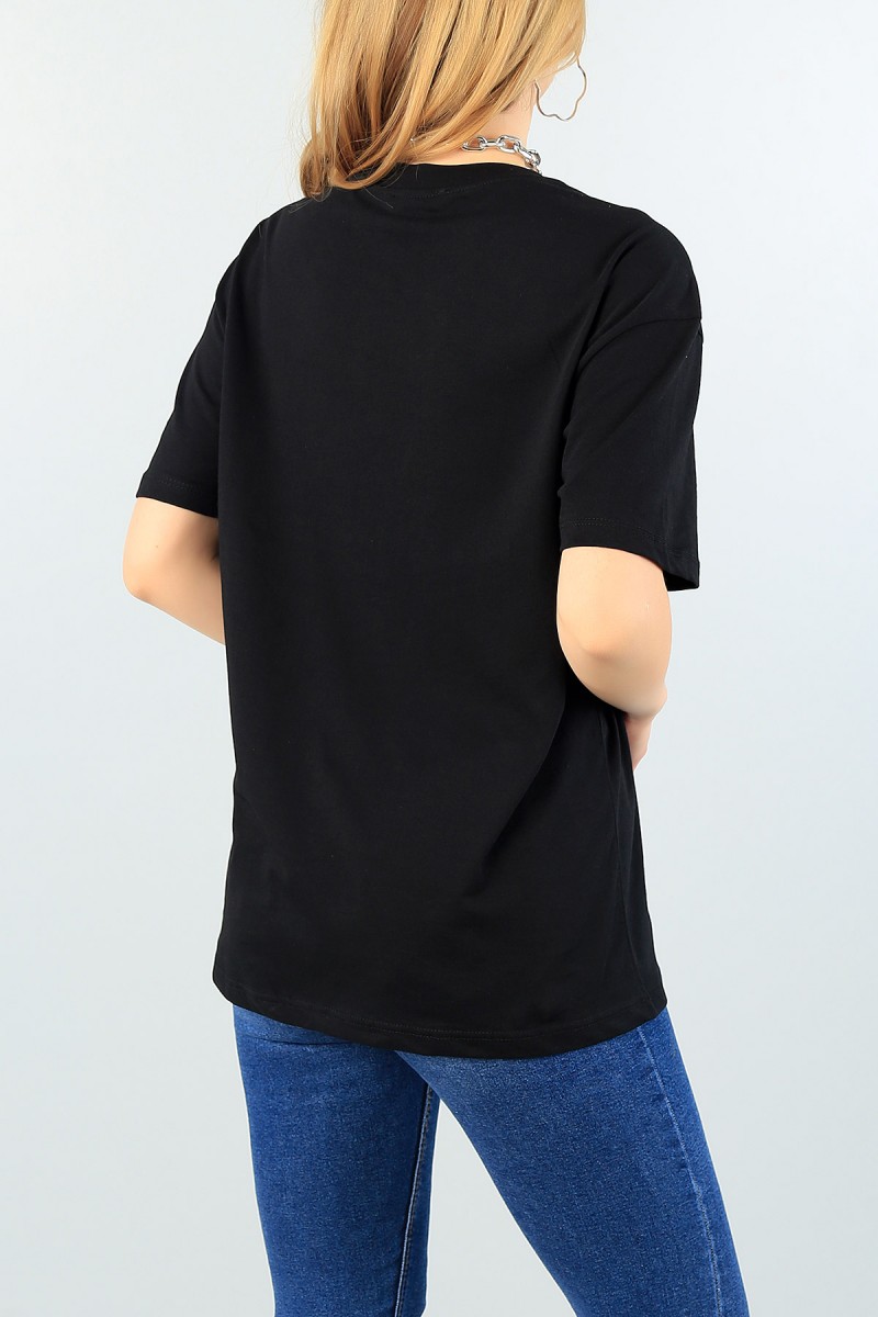 Siyah Kot Tasarımlı Bayan Tişört 62098
