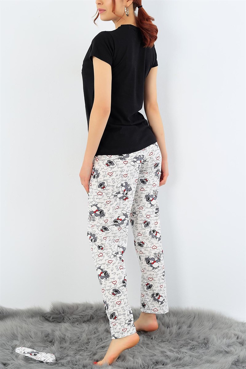 Siyah Krem Baskılı Bayan Pijama Takımı 32061