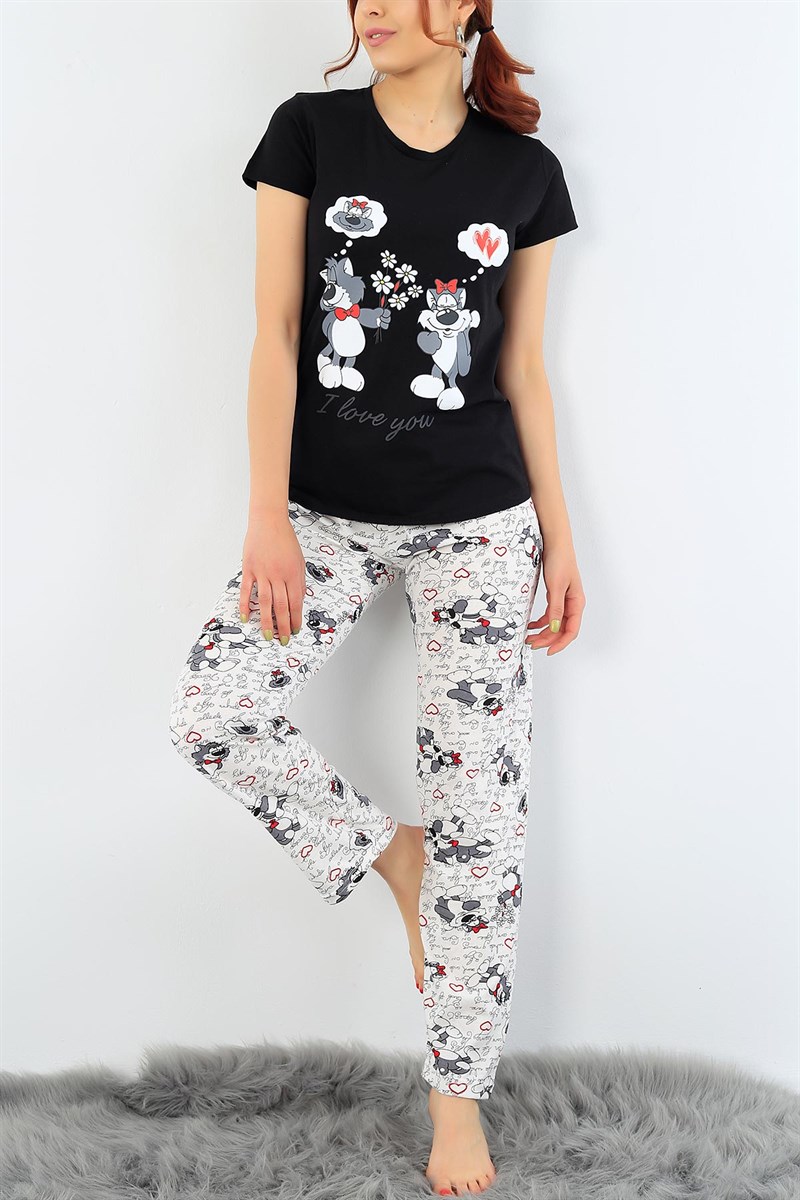Siyah Krem Baskılı Bayan Pijama Takımı 32061