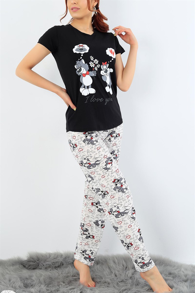 Siyah Krem Baskılı Bayan Pijama Takımı 32061