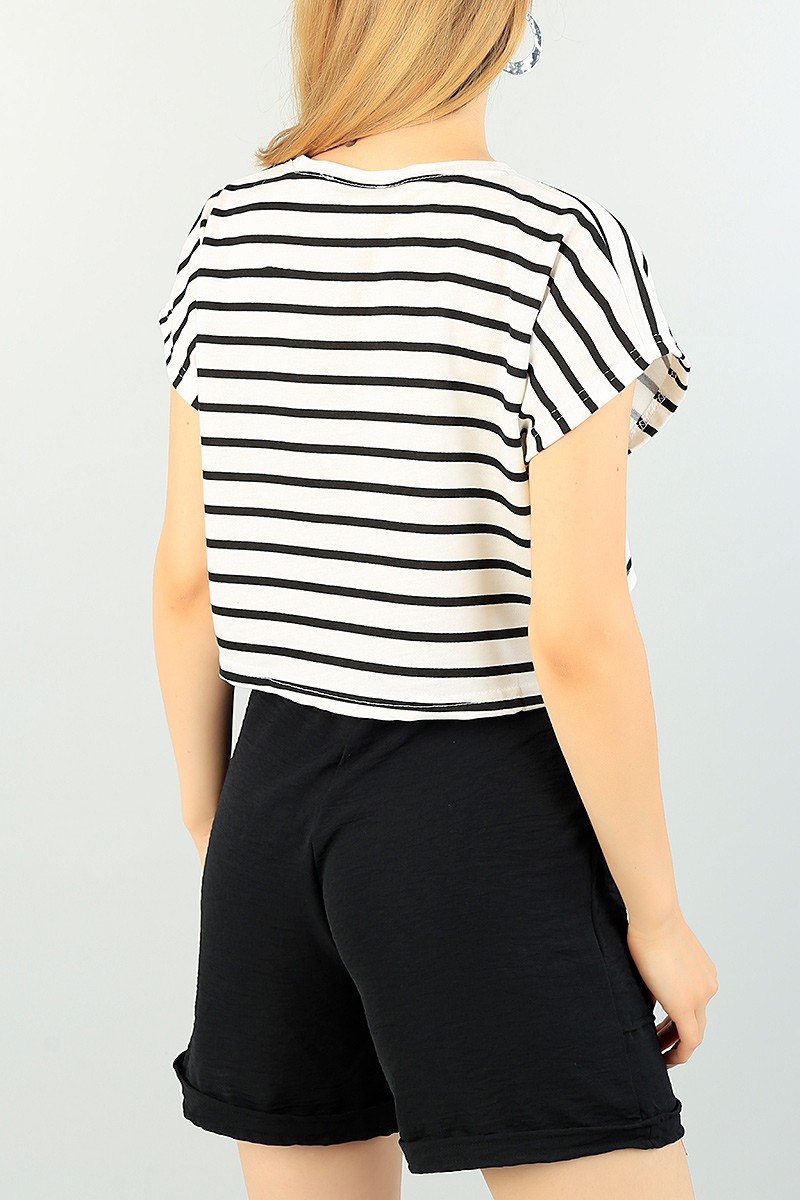 Siyah Krem Çizgili Bayan Crop Tşört 71620