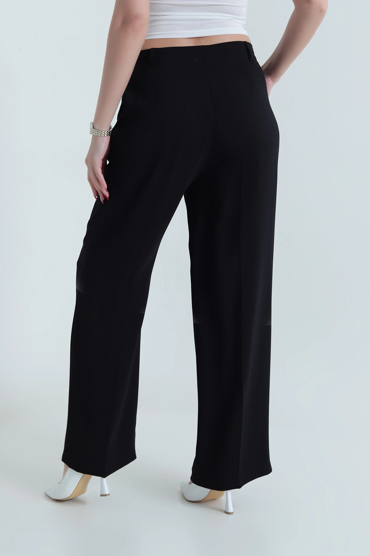 Siyah Krep Tencel Fermuarlı Cepli Kadın Pantolon 438803