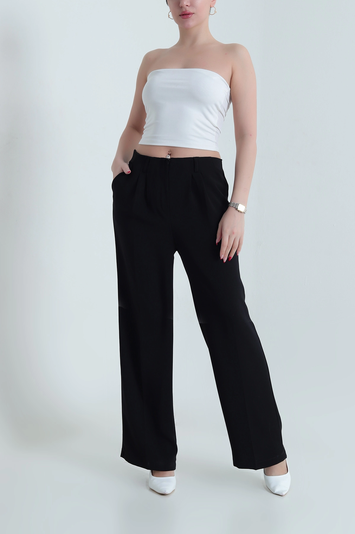 Siyah Krep Tencel Fermuarlı Cepli Kadın Pantolon 438803