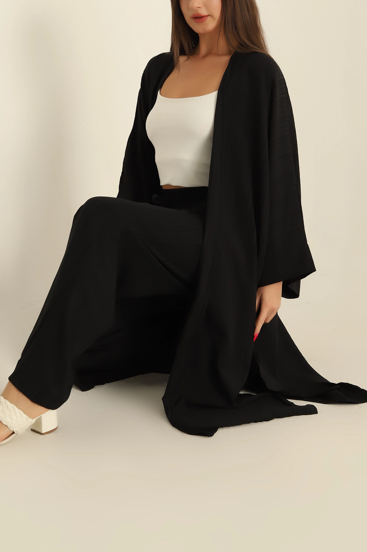 Siyah Krinkıl Kimono Pantolon İkili Takım 278671