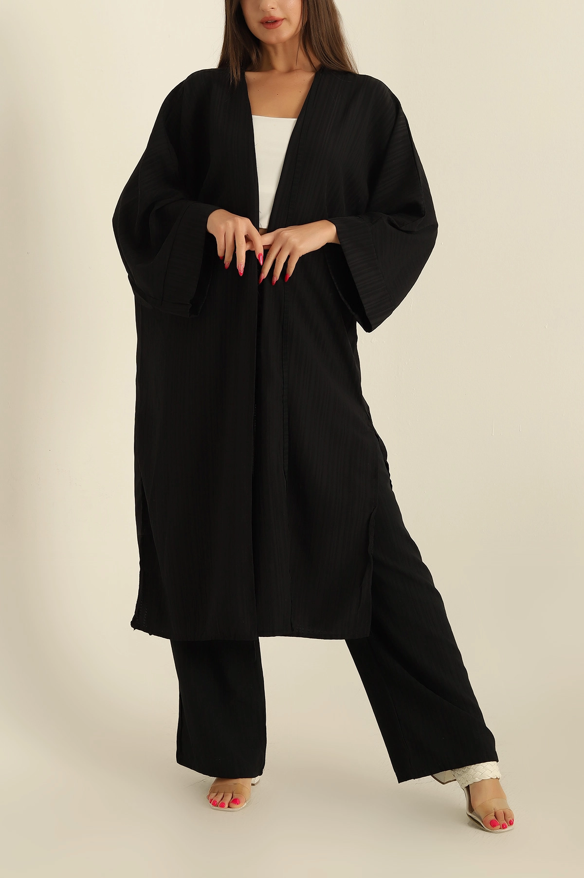 Siyah Krinkıl Kimono Pantolon İkili Takım 278671