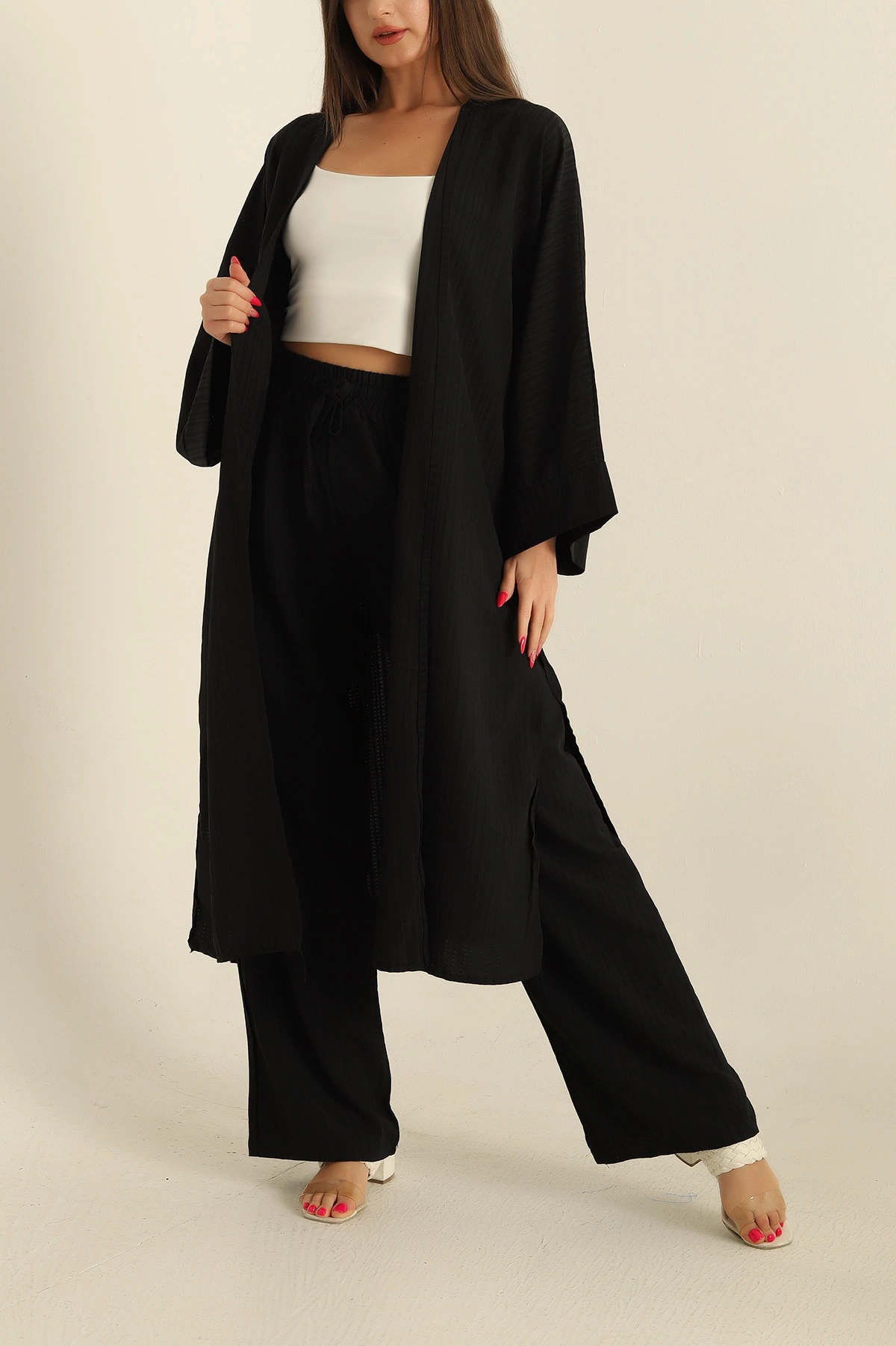 Siyah Krinkıl Kimono Pantolon İkili Takım 278671