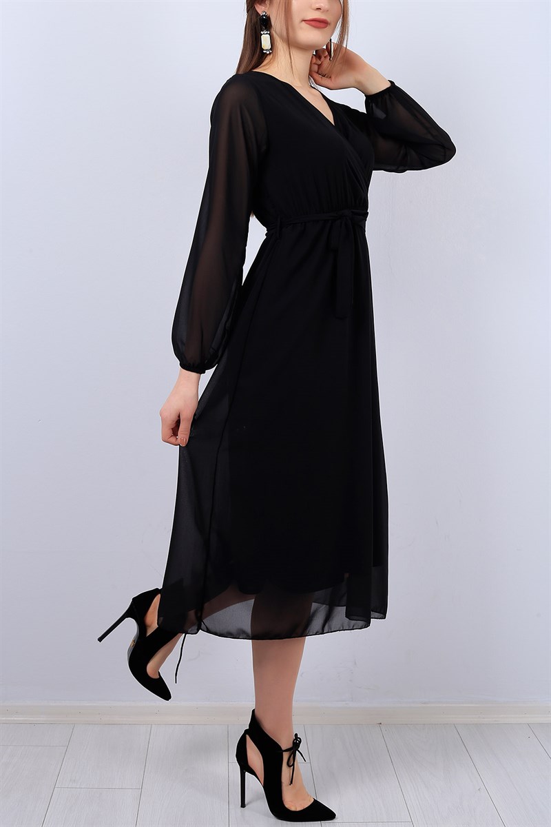 Siyah Kruvaze Yaka Bayan Şifon Elbise 12303B