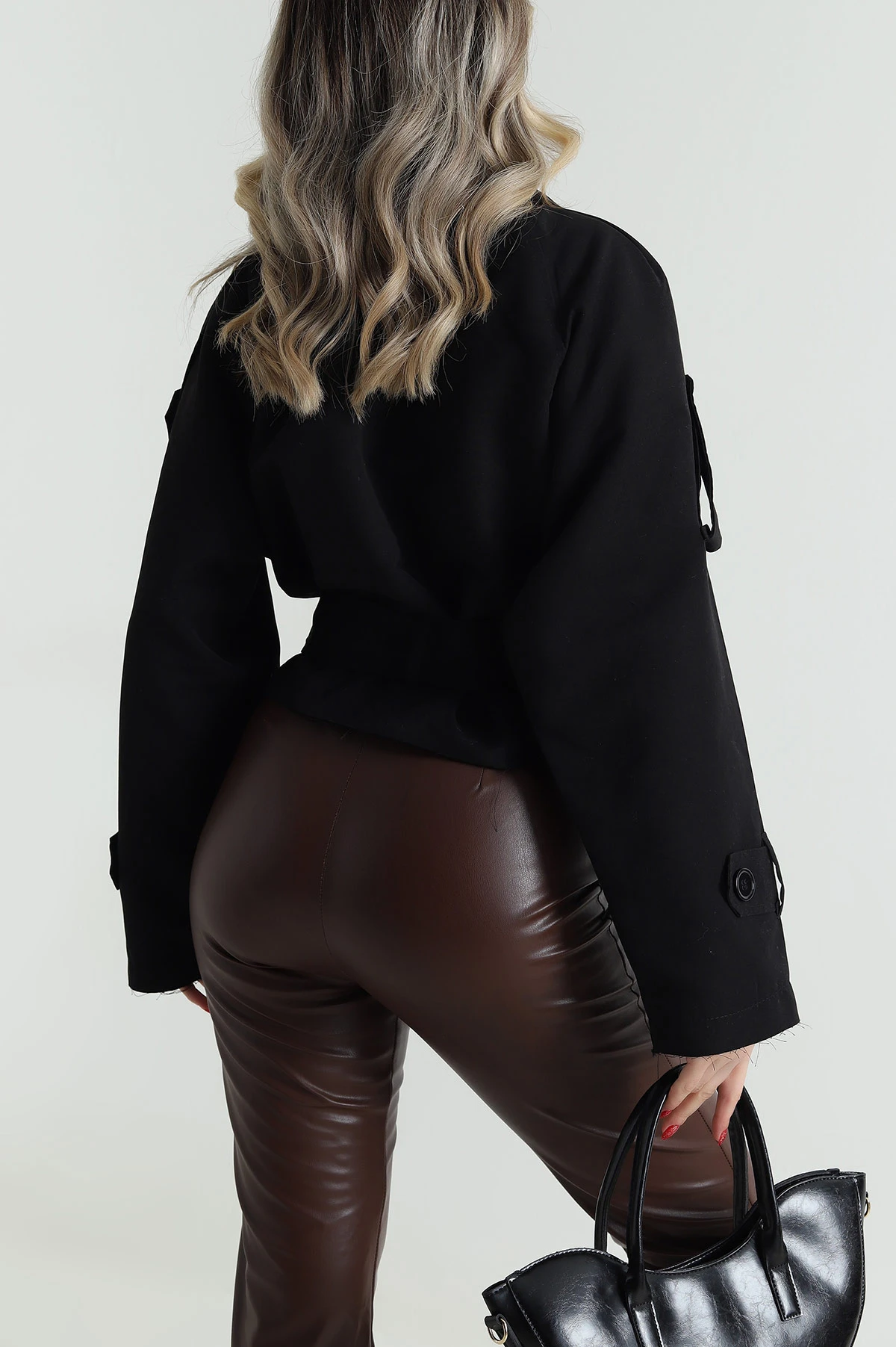 Siyah Kruvaze Yaka Crep Kadın Trençkot 484795