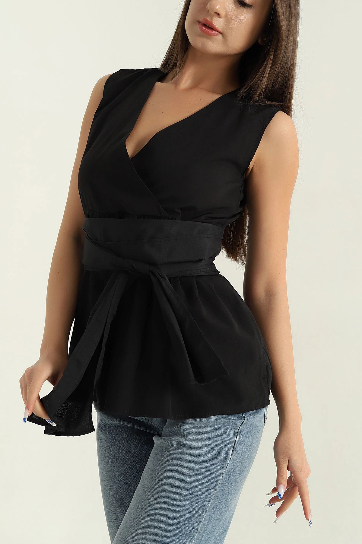 Siyah Kruvaze Yaka Poplin Bluz 368088