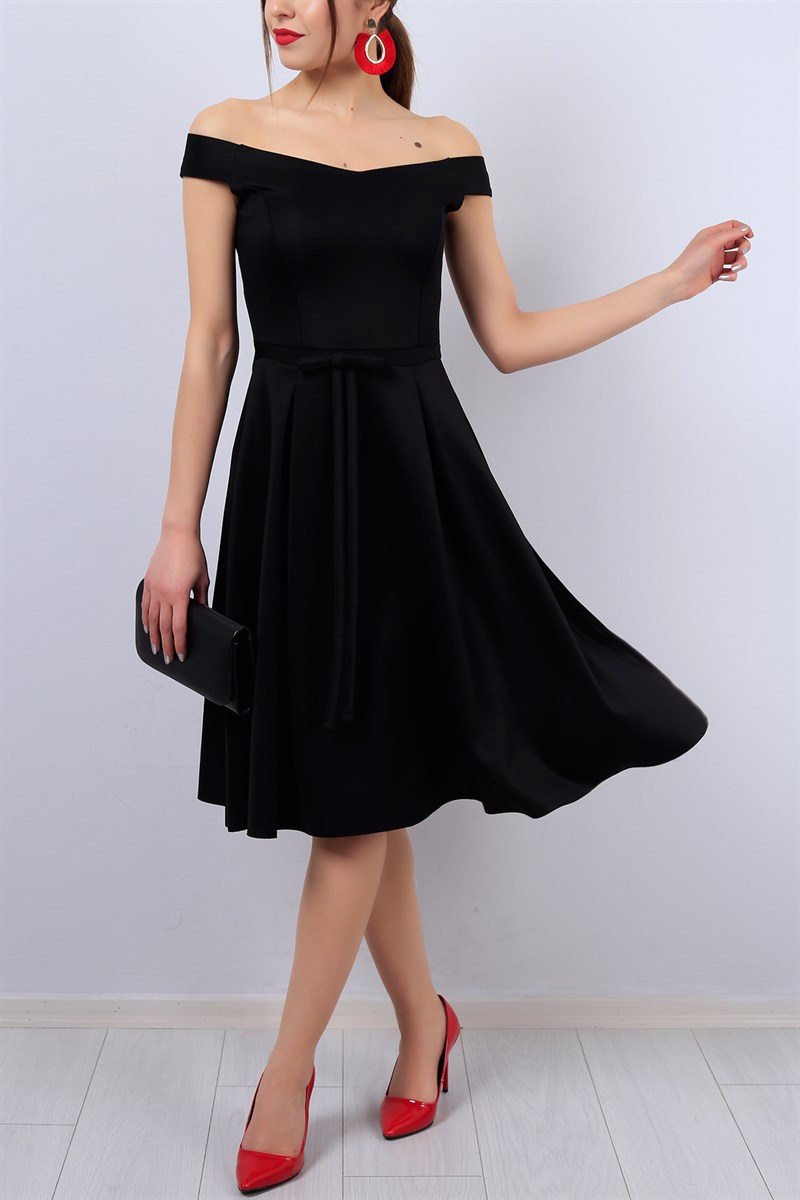 Siyah Kurdele Detaylı Bayan Elbise 12996B